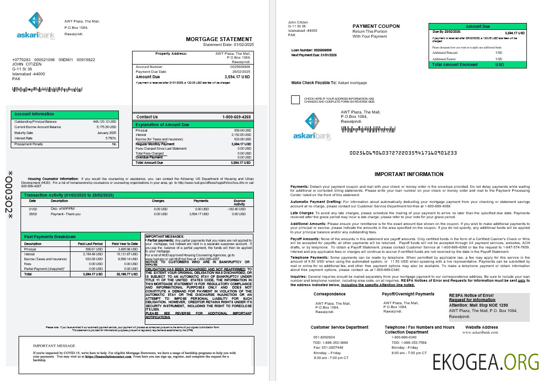 Pakistan , Askaribank , hypothèque , relevé , en Word et PDF , formats 1 , 2